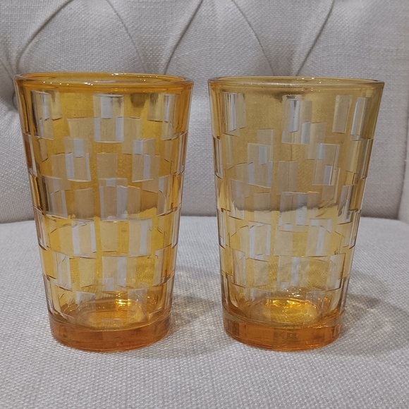 Other - Vintage PAIR OF AMBER CRYSTAL Glass CHECKER Carved PATTERN Drinkware Mid-Century